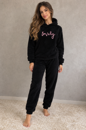 Pijamale cocolino dama - Pijama dama cocolino pufoasa si calduroasa, 2 piese, cu gluga, neagra Lovely 7020