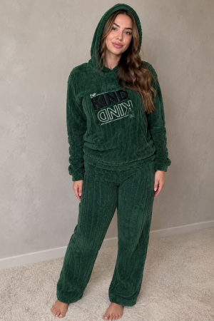 Pijamale cocolino dama - Pijama Dama Cocolino Pufoasa si Calduroasa, 2 Piese, cu Gluga si Pantaloni Lungi, Verde Inchis 7024
