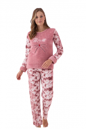 Pijama dama cocolino, pufoasa si calduroasa, imprimeu Mew, corai [2]