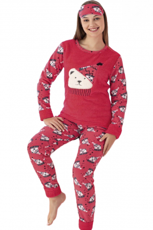 Pijama dama cocolino, pufoasa si calduroasa, imprimeu Craciun Ursulet, rosu [3]