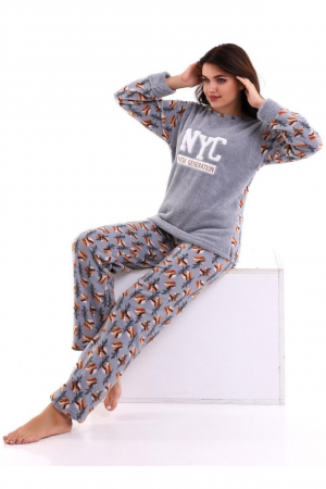 Pijama dama cocolino, pufoasa si calduroasa, imprimeu NYC, gri [1]