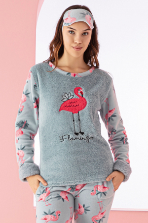 Pijama dama cocolino, pufoasa si calduroasa, imprimeu Flamingo, verde, embody.ro [3]
