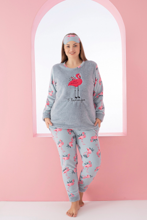 Pijama dama cocolino, pufoasa si calduroasa, imprimeu Flamingo, verde, embody.ro [2]