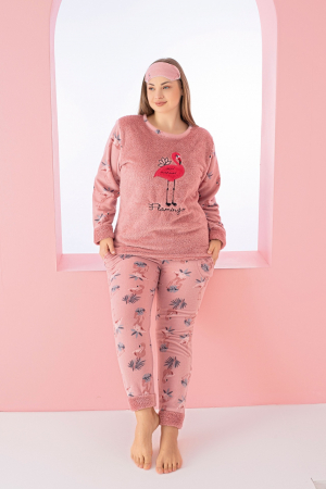 Pijama dama cocolino, pufoasa si calduroasa, imprimeu Flamingo, corai [3]