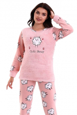 Pijama dama cocolino, pufoasa si calduroasa, imprimeu cute sheep, roz [2]