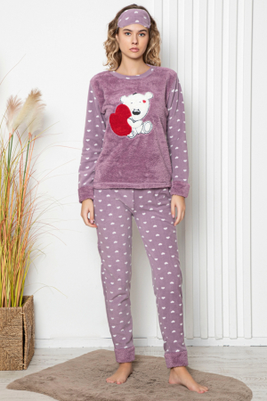 Pijama dama cocolino, pufoasa si calduroasa, imprimeu ursulet love, mov, embody.ro [0]