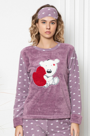 Pijama dama cocolino, pufoasa si calduroasa, imprimeu ursulet love, mov, embody.ro [2]