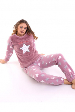 Pijama dama cocolino, pufoasa si calduroasa, imprimeu steluta, roz [1]