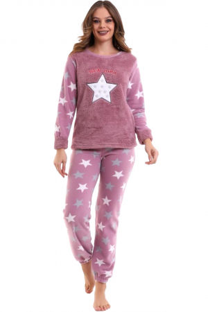 Pijama dama cocolino, pufoasa si calduroasa, imprimeu steluta, roz [0]