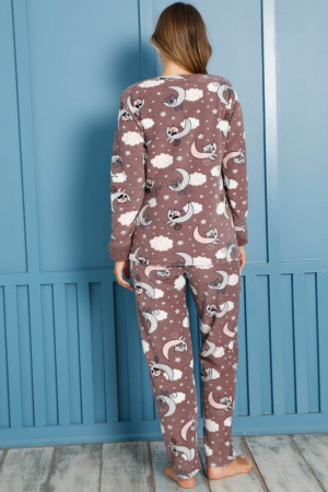 Pijama dama cocolino, pufoasa si calduroasa, imprimeu pisicuta somnoroasa, maro [3]