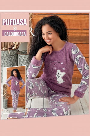 Pijama dama cocolino, pufoasa si calduroasa, imprimeu Luna si ursulet, mov [1]