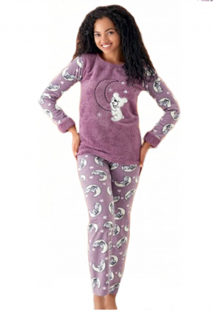Pijama dama cocolino, pufoasa si calduroasa, imprimeu Luna si ursulet, mov [2]