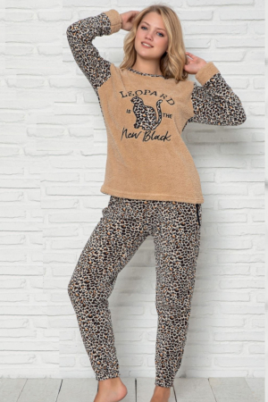 Pijama dama cocolino, pufoasa si calduroasa, imprimeu leopard new black, maro [0]