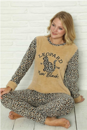Pijama dama cocolino, pufoasa si calduroasa, imprimeu leopard new black, maro [1]