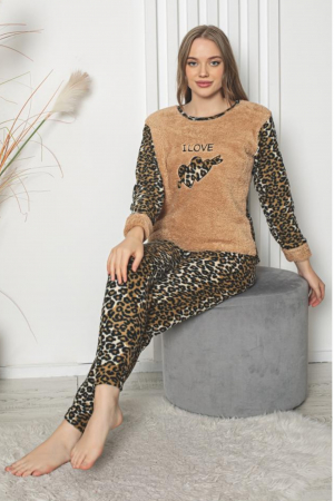 Pijama dama cocolino, pufoasa si calduroasa, imprimeu animal print Love, maro [1]