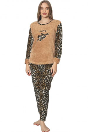 Pijama dama cocolino, pufoasa si calduroasa, imprimeu animal print Love, maro [2]