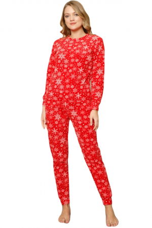 Pijama dama cocolino soft polar, pufoasa cu imprimeu Craciun fulgi de nea rosu-cadou craciun [5]