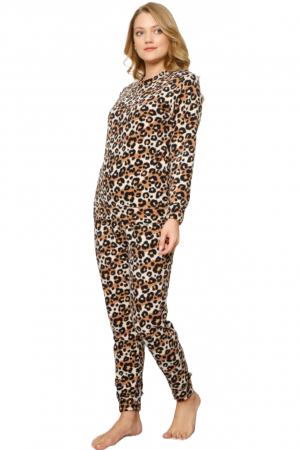 Pijama dama cocolino soft polar, pufoasa cu imprimeu animal print, maro [3]