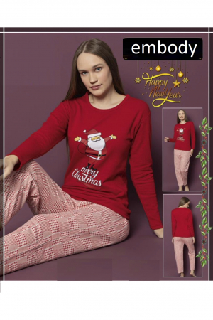 Pijama dama cu imprimeu Craciun Merry Christmas, bumbac vatuit, rosu, embody.ro [1]