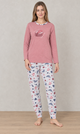 Pijamale dama bumbac - Pijama Dama din Bumbac, 2 Piese, Bluza Roz cu Maneca Lunga si Pantaloni cu Imprimeu 1204