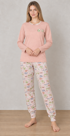 Pijamale dama bumbac - Pijama Dama din Bumbac, 2 Piese, Bluza Roz Pudra cu Maneca Lunga si Pantaloni Lungi1206