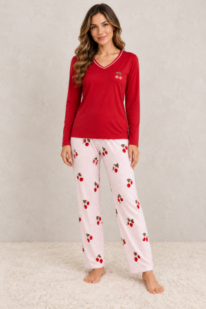 Pijamale dama bumbac - Pijama dama din bumbac rosie cu pantaloni roz imprimeu cirese