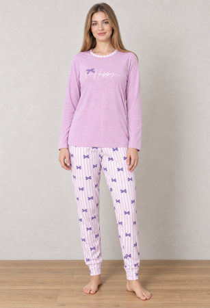 Pijamale dama bumbac - Pijama Dama din Bumbac, 2 Piese, Bluza Lila cu Maneca Lunga Happy si Pantaloni Lungi cu Dungi si Fundite