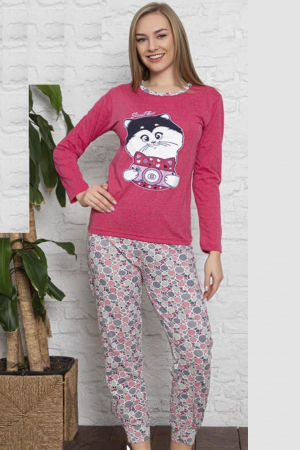 Pijama dama din bumbac, confortabila, maneci lungi, Pisicuta, rosu [0]