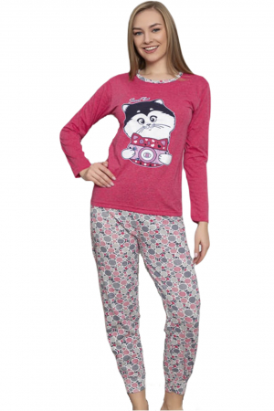 Pijama dama din bumbac, confortabila, maneci lungi, Pisicuta, rosu [3]