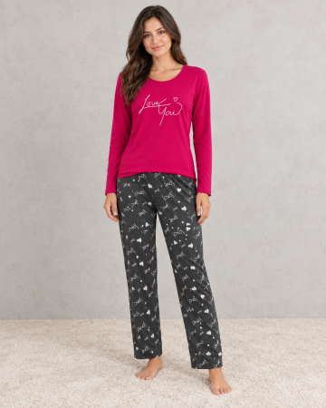 Pijamale dama bumbac - Pijama dama din bumbac cu maneca lunga, bluza fucsia Love You si pantaloni gri cu imprimeu