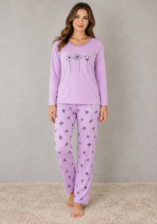 Pijamale dama bumbac - Pijama dama din bumbac lila cu imprimeu floral, bluza cu maneca lunga si pantaloni lungi
