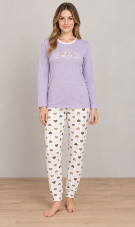 Pijamale dama bumbac - Pijama Dama din Bumbac, 2 Piese, Bluza Lila cu Maneca Lunga si Pantaloni cu Inimioare 1208