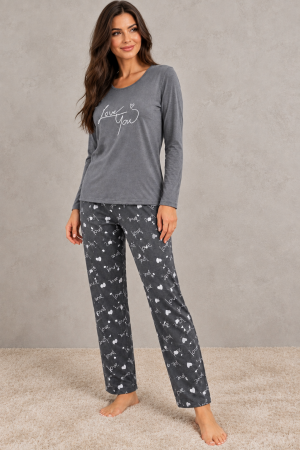 Pijamale dama bumbac - Pijama dama din bumbac gri cu bluza maneca lunga si pantaloni imprimeu Love You