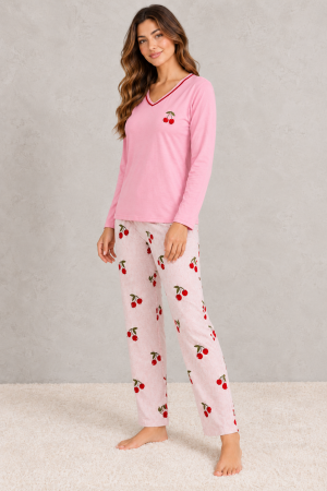Pijamale dama bumbac - Pijama dama din bumbac roz cu imprimeu cirese, bluza cu maneca lunga si pantaloni lungi