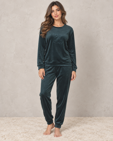 Pijamale dama bumbac - Pijama dama din catifea verde , bluza cu maneca lunga si pantaloni lungi, model pisica