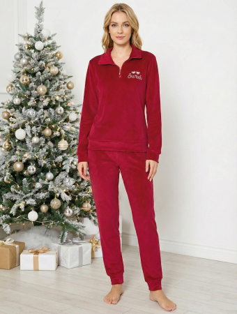 Pijamale dama - Pijama dama eleganta din catifea fina rosu cadou Craciun 3164