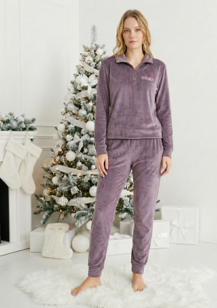 Pijamale cocolino dama - Pijama dama eleganta din catifea fina mov -cadou Craciun 3169