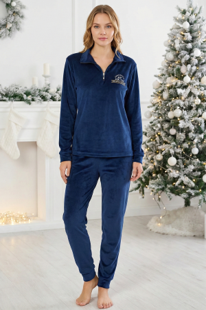 Pijamale cocolino dama - Pijama dama eleganta din catifea fina bleumarin -cadou Craciun 3166