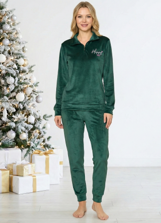 Pijamale dama - Pijama dama eleganta din catifea fina verde cadou Craciun 3162
