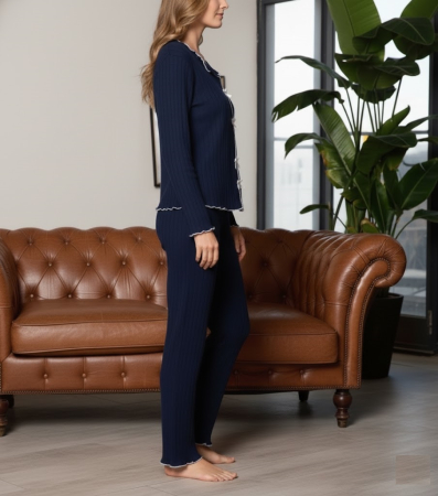 Pijama Dama Eleganta din Tricot Reiat bleumarin 8228 [1]