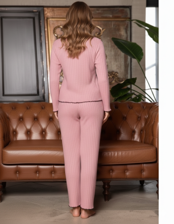 Pijama Dama Eleganta din Tricot Reiat Roz cu Detalii Negre 8225 [1]