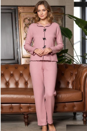Pijamale dama - Pijama Dama Eleganta din Tricot Reiat Roz cu Detalii Negre 8225