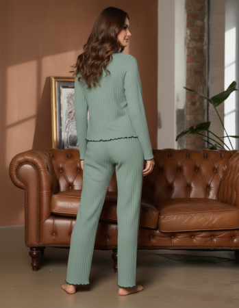 Pijama Dama Eleganta din Tricot Reiat Verde cu Detalii Negre 8223 [1]