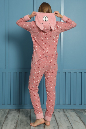 Pijama dama intreaga, tip salopeta kigurumi, pufoasa, inchidere fermoar fata-spate si gluga [4]