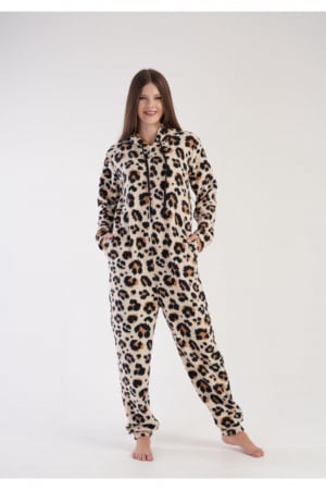Pijama dama intreaga, tip salopeta , pufoasa, inchidere fermoar si gluga, maro, embody.ro [0]