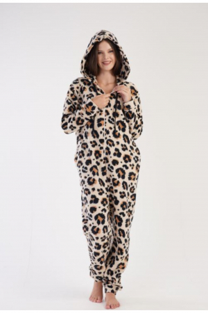 Pijama dama intreaga, tip salopeta , pufoasa, inchidere fermoar si gluga, maro, embody.ro [5]