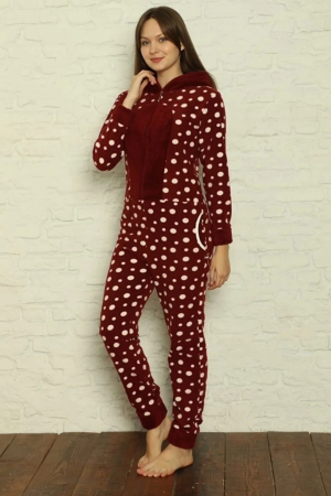 Pijama dama intreaga, tip salopeta kigurumi, pufoasa, inchidere fermoar fata-spate si gluga, visiniu, embody.ro [2]