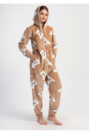 Pijama dama intreaga, tip salopeta , pufoasa, inchidere fermoar si gluga, maro, embody.ro [0]