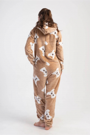 Pijama dama intreaga, tip salopeta , pufoasa, inchidere fermoar si gluga, maro, embody.ro [2]