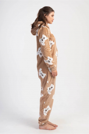 Pijama dama intreaga, tip salopeta , pufoasa, inchidere fermoar si gluga, maro, embody.ro [3]